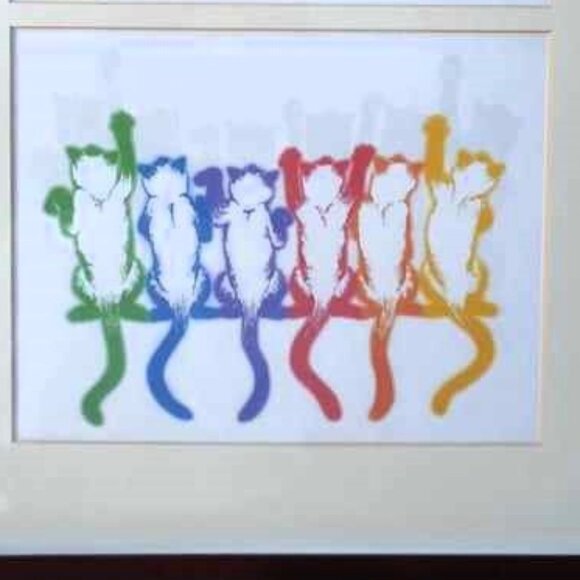 Rainbow Siamese Cats Dancing Front & Back Framed Original Art Print - Picture 7 of 7